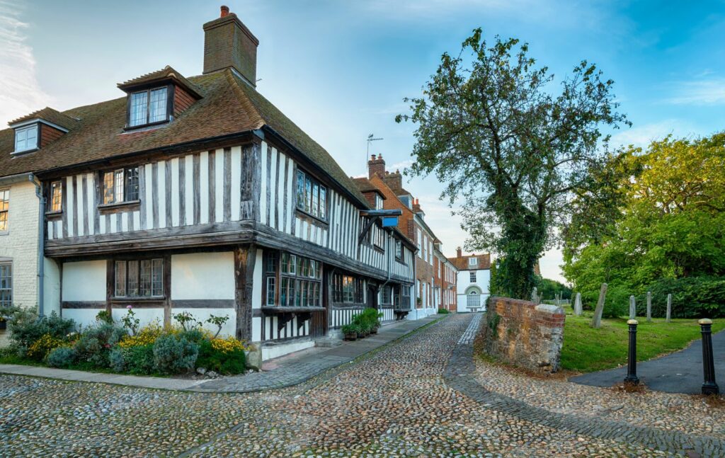 Cobblestone streets and half timbered Tudor houses in Rye East Sussex